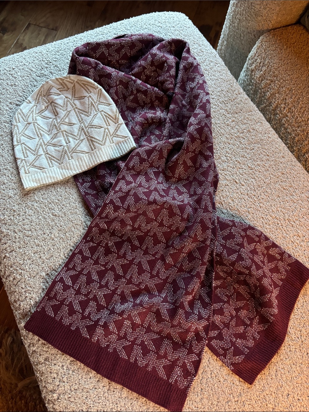 Michael Kors Burgundy and Cream Logo Knit Scarf & Beanie Set